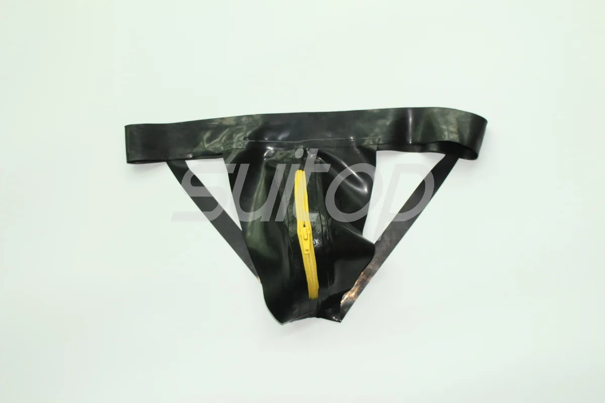 

Men's latex jockstraps with front zip in black and yellow zip