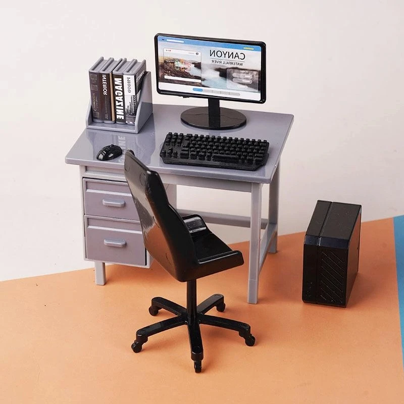 

1/12 Miniature Dollhouse Furniture Kit, Computer Keyboard Desk Chair, Home Study Room Scene Props Decor