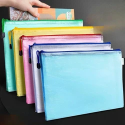 Thickened A4 Grid Transparent File Zipper Bag Waterproof Document Pouch for Student School Exam Paper Storage Organizer