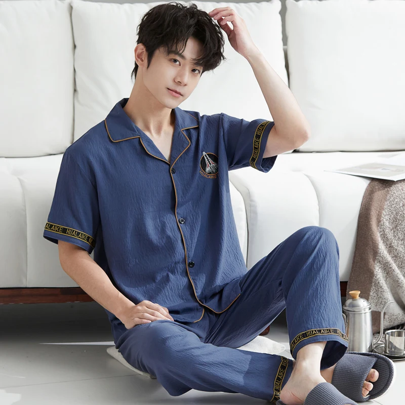 Men's Korea Fashion Simple Pajama Set, Comfort Casual Lightweight Short Sleeve & Long Pants Loungewear, Elegant Men's Homewear