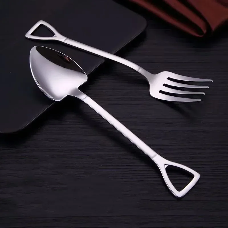 New Creative Shovel Shape Spoon Fork Stainless Steel Tableware New Shovel Spoon Fork Children Fork Eating Spoon