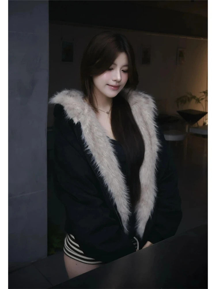 

American Sle Women's Cotton Jaet Winter Thiened Warm ort Coat with Large Fur Collar Zipper Decoration Loose Fit