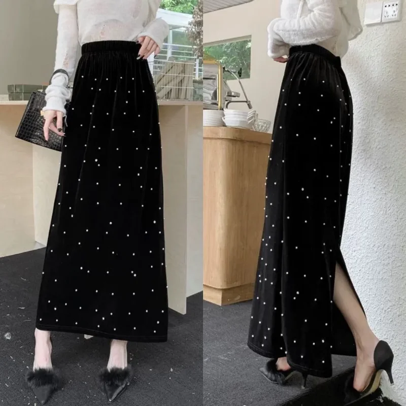 Autumn and Winter Gold Velvet Half Skirt New Full Bead Split A-line Long Skirt Versatile High Waist and Hip Hugging Chic Skirt