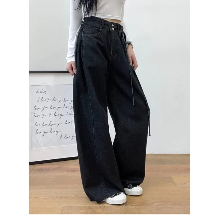High Waist Wide Leg Jeans Women's Slim Fit Casual Deep Blue Denim Pants with Buckle Side Pleats Comfortable Standard Size