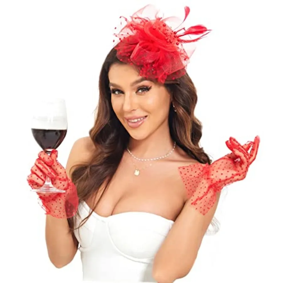 

Fascinators Hat Clip Hat Wedding Cocktail Tea Party Headwear and Short Lace Bowknot Gloves for Women