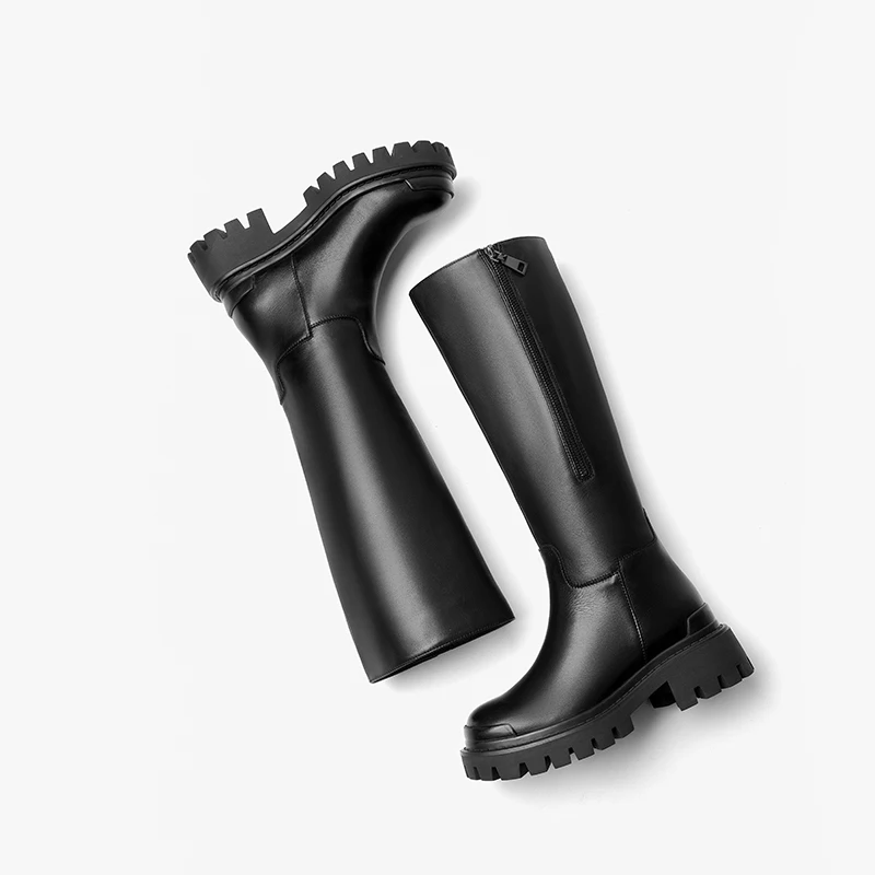 BEAUTODAY Knee-high Boots Women Genuine Cow Leather Solid Color Zipper Winter Warm Thick Sole Ladies Shoes Handmade 01517