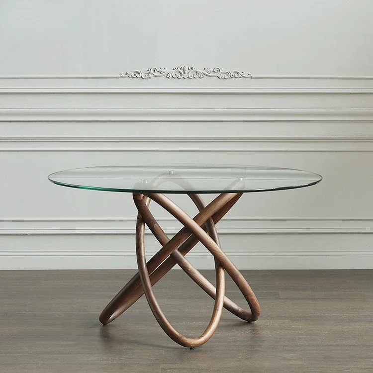 Nordic modern minimalist dining table North America imported black walnut solid wood glass round table.