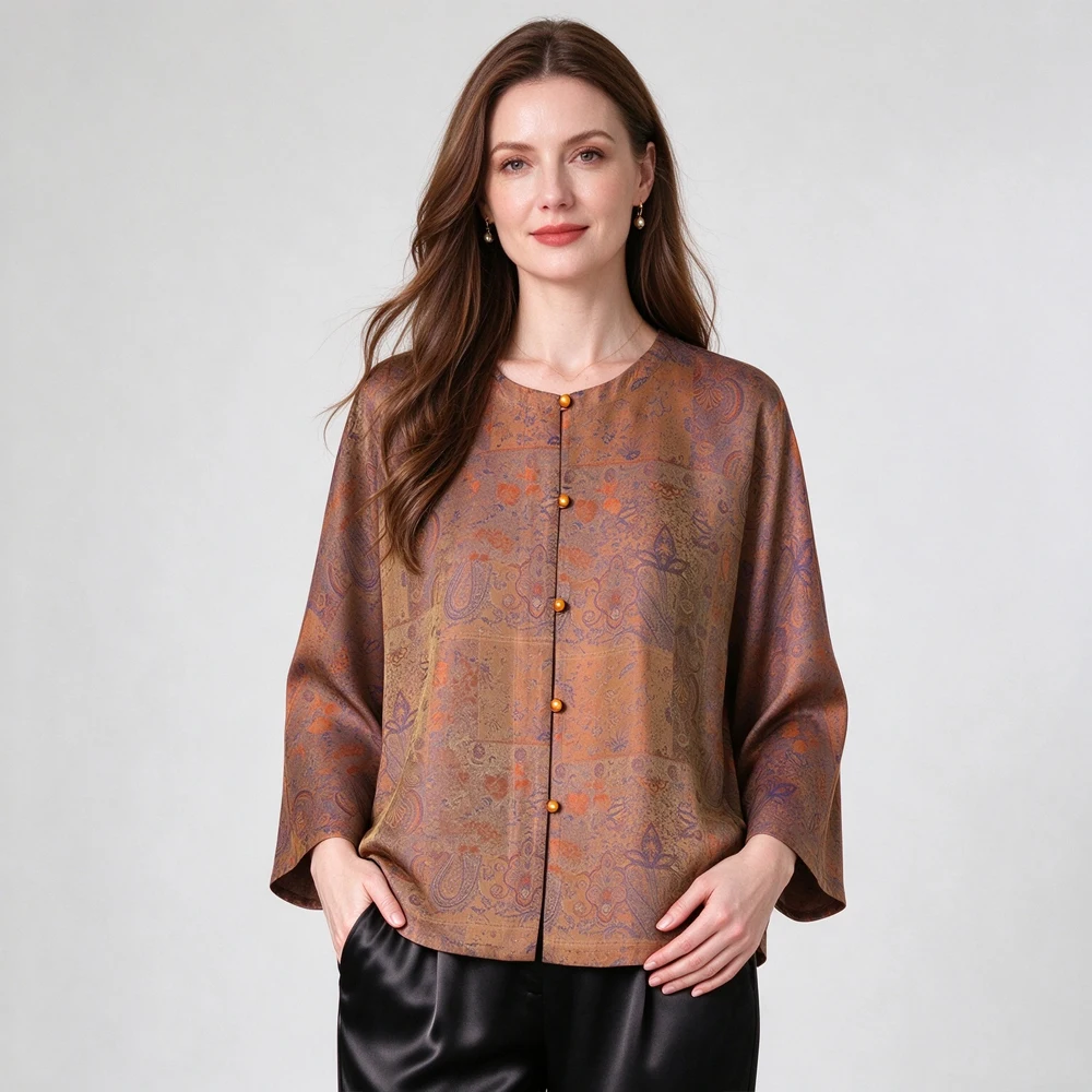 2026 Women's Fashion Autumn New Versatile Temperament 100% Natural Mulberry Silk Song Brocade Round Neck Long Sleeved Coat
