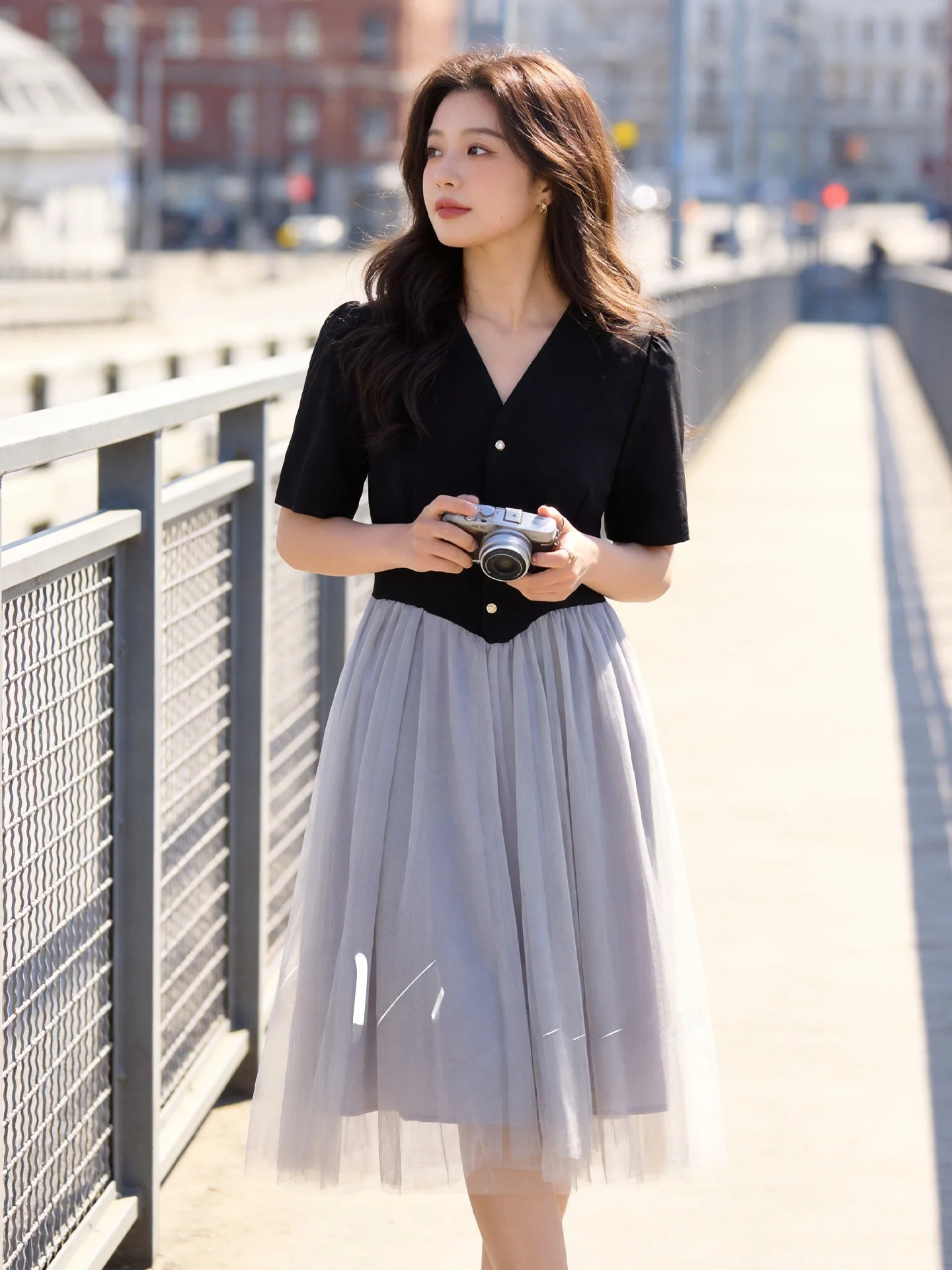 

plus Size Color Block Dress Women's Summer New Style High Waist A-Line Dress Lace Detail V-Neck Short Sleeve Long Dress