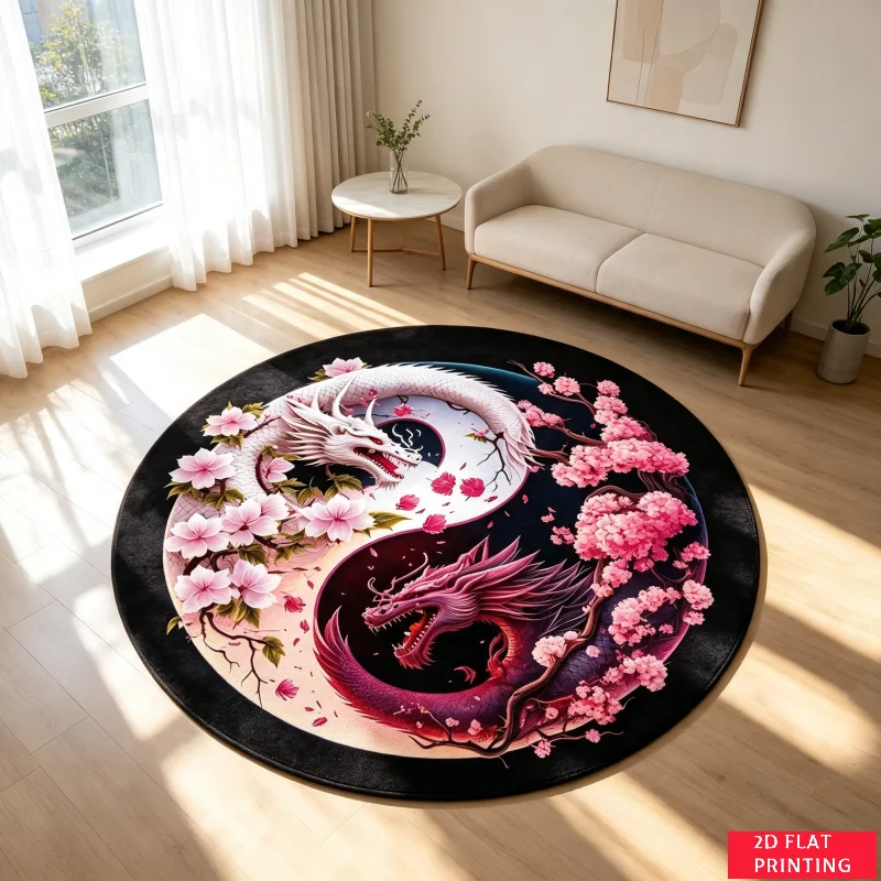 Yin Yang Dragon Cherry Blossom Round Rug For Zen Living Room Or Yoga Studio Featuring Black White Pink Floral Carpet Vibe