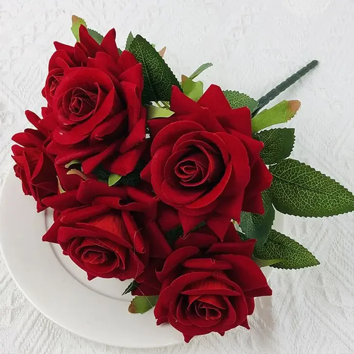 Velvet Artificial Flowers Rose Bouquet Wedding Decorations Red 7 Heads Fake Roses Decorative Flower Home Decor Garden Decoration