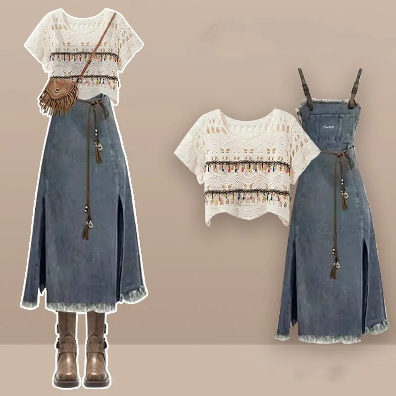 2025 New Summer Women Ethnic Hollow Out Tassel T Shirts Sling Dress 1 or Two Piece Set Lady Graceful Short Top Tank Dresses Suit