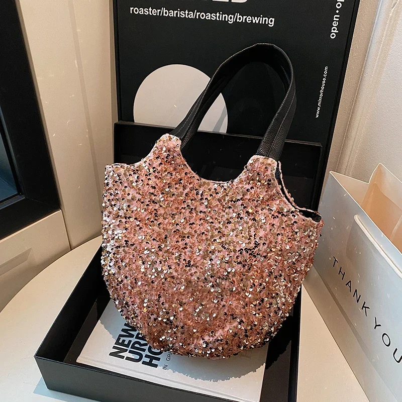 

High Capacity Women Bag Fashion Sequined Underarm Luxury Shiny Shoulder Bag Versatile Ladies Handbag Clutch Bag 2 Set Totes