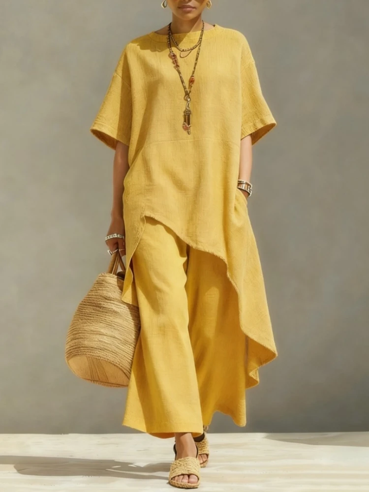 

Women Cotton Linen Pant Sets 2 Pieces Casual Half Sleeve Solid Loose Irregular Blouse Elastic Waist Wide Leg Full Trousers Suits