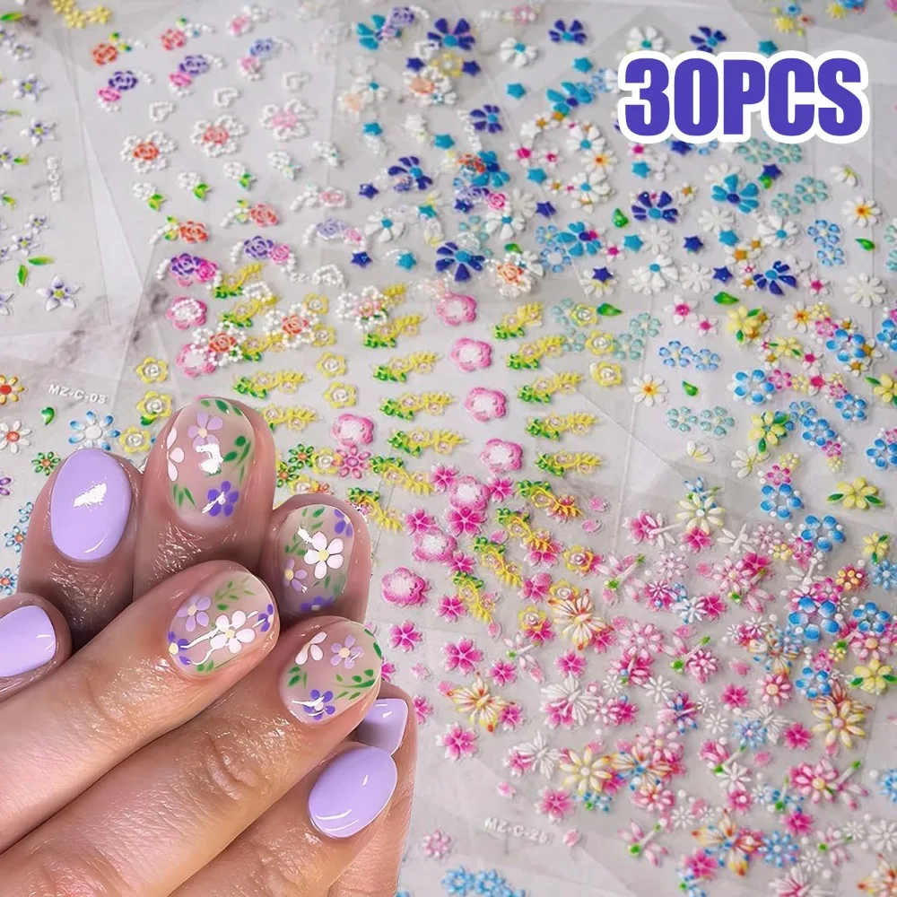 

30 листов цветных наклеек для ногтей с цветами, 3D самоклеящиеся стикеры для нейл-арта, с цветочными и сердечными мотивами