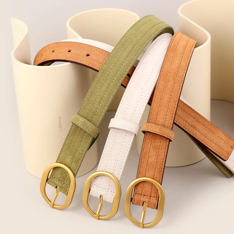 2025 Autumn Luxury Suede Real Leather Jeans Waist Belt for Women Green White Brown Vintage Cowskin Ceinture Femme Cinturon Mujer