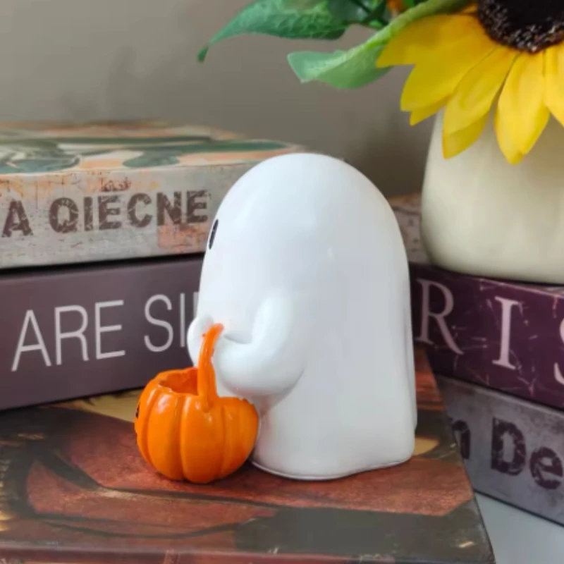 

Halloween Resin Small Ghost Handheld Pumpkin Figurine Ornament Glow Home Décor Living Room Bedroom Cute Decoration Gifts