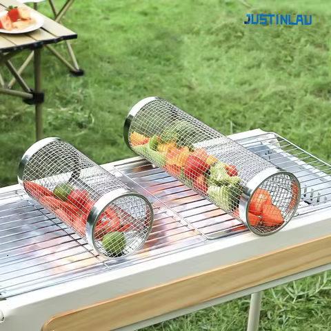 JUSTINLAU Barbecue Grill Grate Barbecue Cages Camping Picnic Cookware Outdoor Round BBQ Campfire Grill Grid Rolling Grill Basket