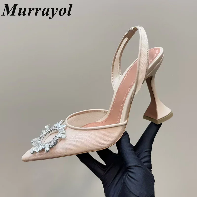 Solid Color Rhinestone Decor Sandalias Women Pointed Toe Lace Mesh Thin Hight Heels Sandals Women  Sexy Summer Party Dress Shoes