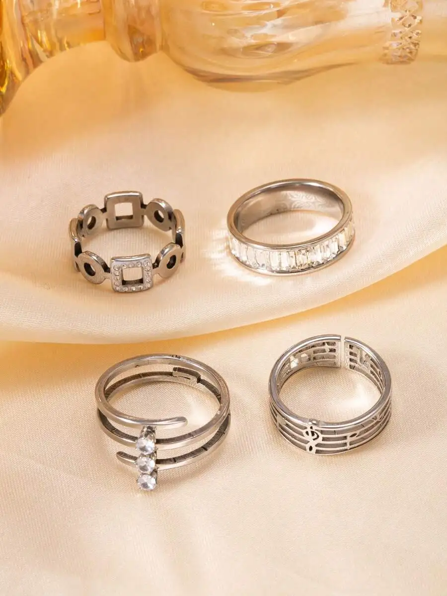 

4pcs Stainless Steel Square Cubic Zirconia Rings Set For Daily Wear Holiday Minimalist Jewelry