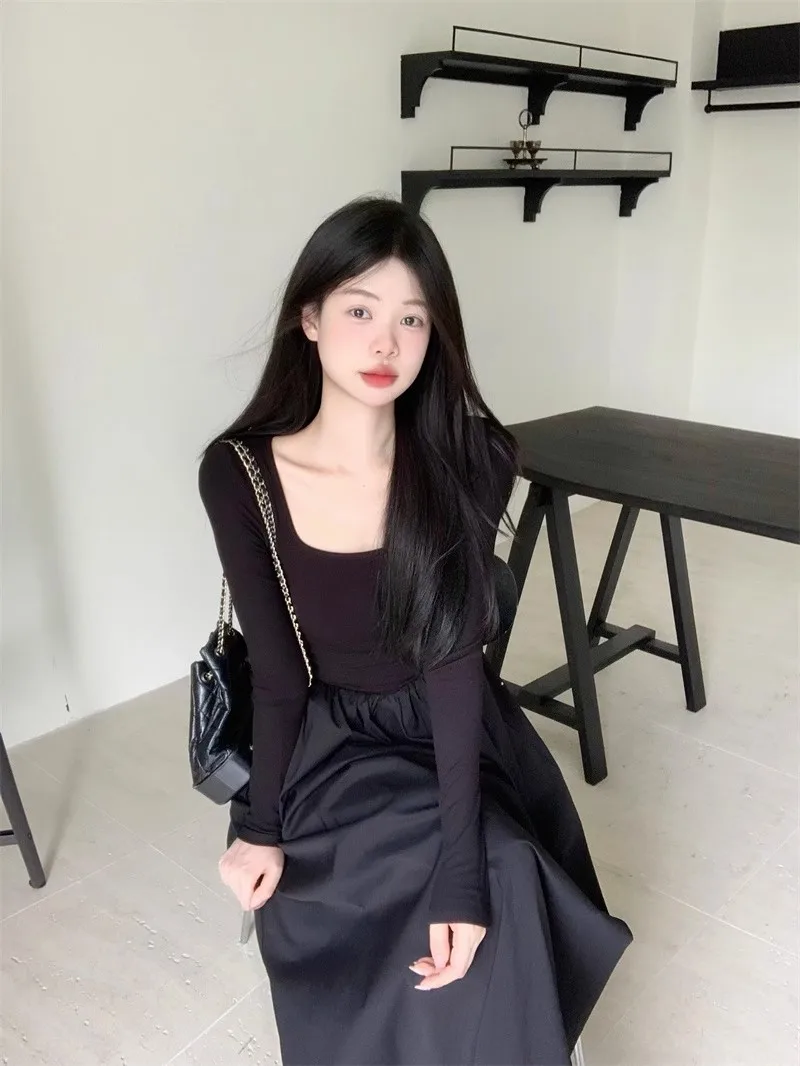 긴 소매 여성용 드레스 가을 봄 실크 시스루 투명 비대칭 크롭 웨이스트 타이트