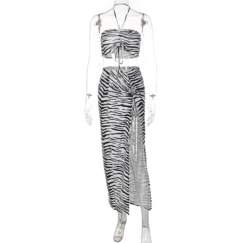 European and American hot summer suit fashion printing sexy neck wrap chest slit rope skirt two sets17
