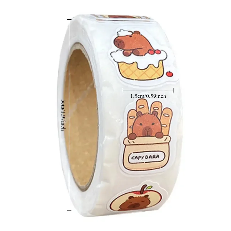 500Pcs Capybara Stickers Roll Waterproof PVC Self-Adhesive Decals Cute Animal & Food-Themed Perfect for Laptops Scrapbook Phones