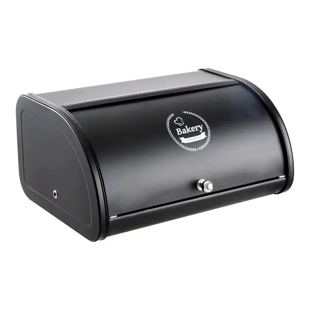 Black Metal Roll Top Bread Container for Kitchen Countertop