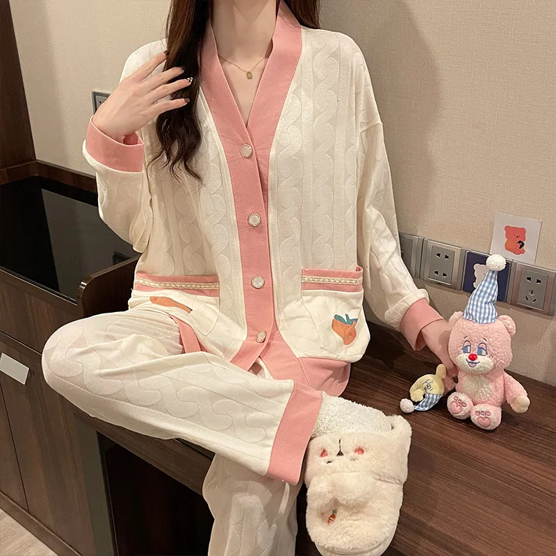 여성 만화 면화 잠옷 봄 여름 신사 숙녀 느슨한 캐주얼 Nightwear 여성 긴 소매 Homewear 잠옷