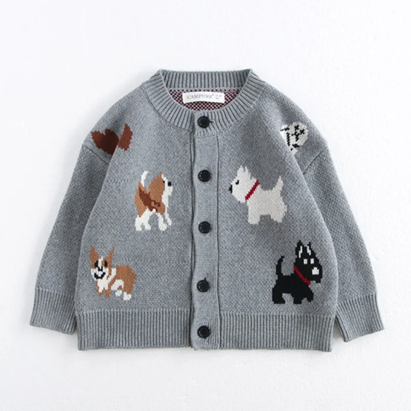

Осенний серый вязаный кардиган унисекс для малышей, свитер с милым принтом собаки для мальчиков и девочек, свитер от 3 до 8 лет