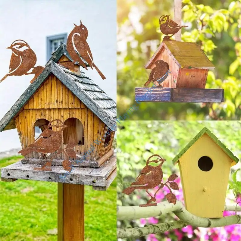 Unique Iron Bird Sculptures Statue Set of 5 Aged Finish Wildlife Decoration for Lawn Landscape Outdoor And Home Display