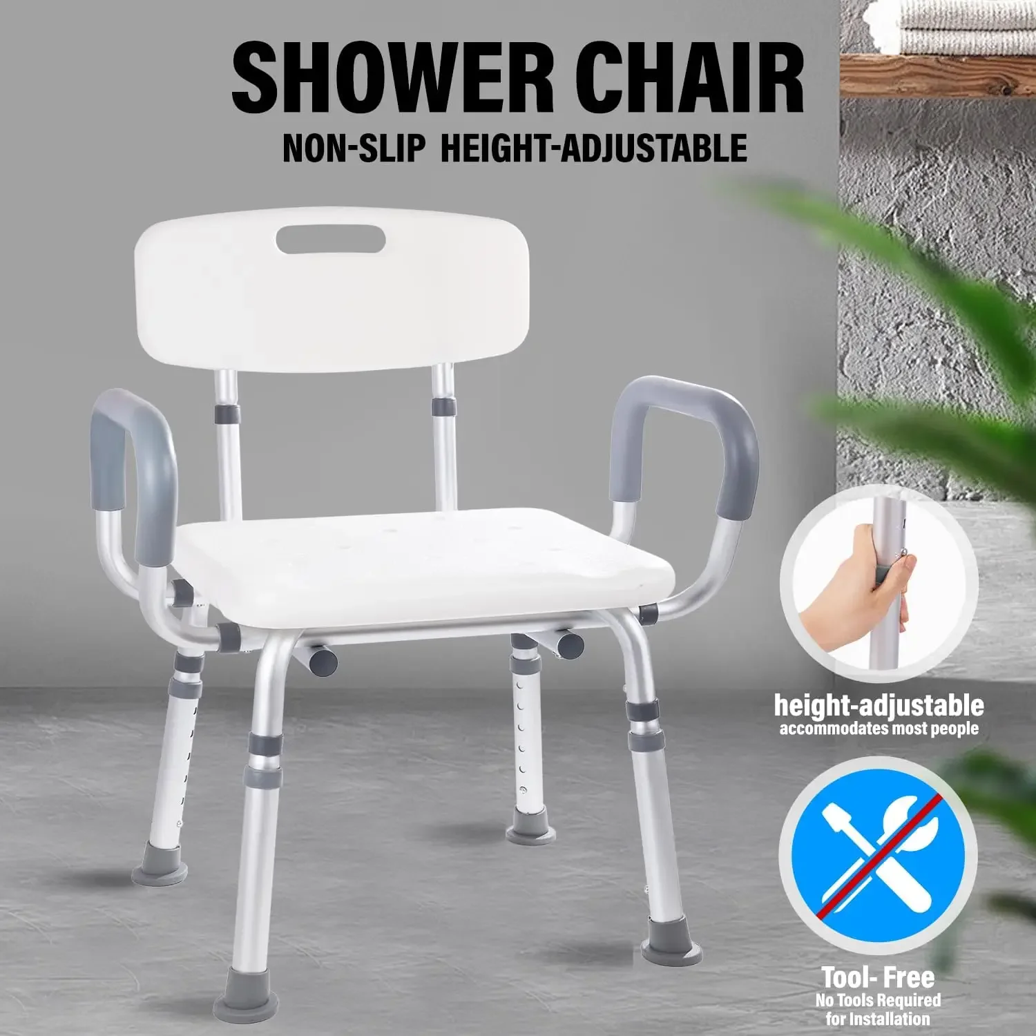 Bathroom Chair, Padded Armrest Bathtub Chair, Anti-Slip, Adjustable Height, Load-Bearing Capacity of 350 Pounds, Bathroom Decora image 4