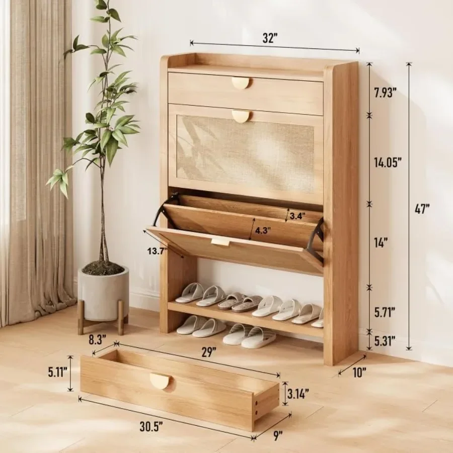 Rattan Shoe Storage Cabinet, Shoe Organizer with 2 Flip Drawers, Narrow Shoe Cabinet, Free Standing Hidden Shoe Storage, Shoe R