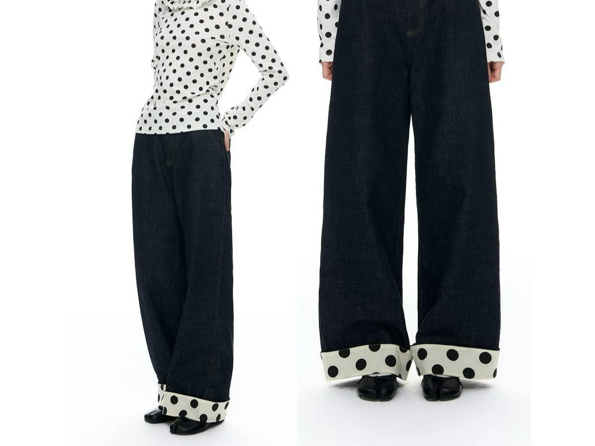 Polka Dot Splicing Loose Straight Jeans Flanged Design Casual Trousers Temperament Pants Wide-leg Trousers