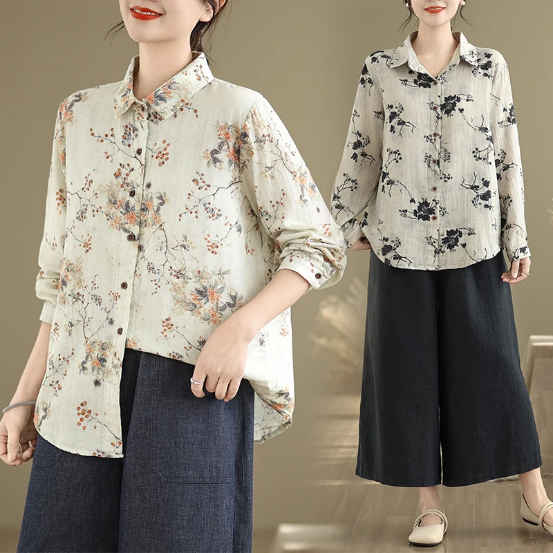 الرجعية الفنية طباعة القطن الكتان طويل Sve irt المرأة عادية فضفاض العمر-Defng ربيع الخريف جديد Sle الأعلى