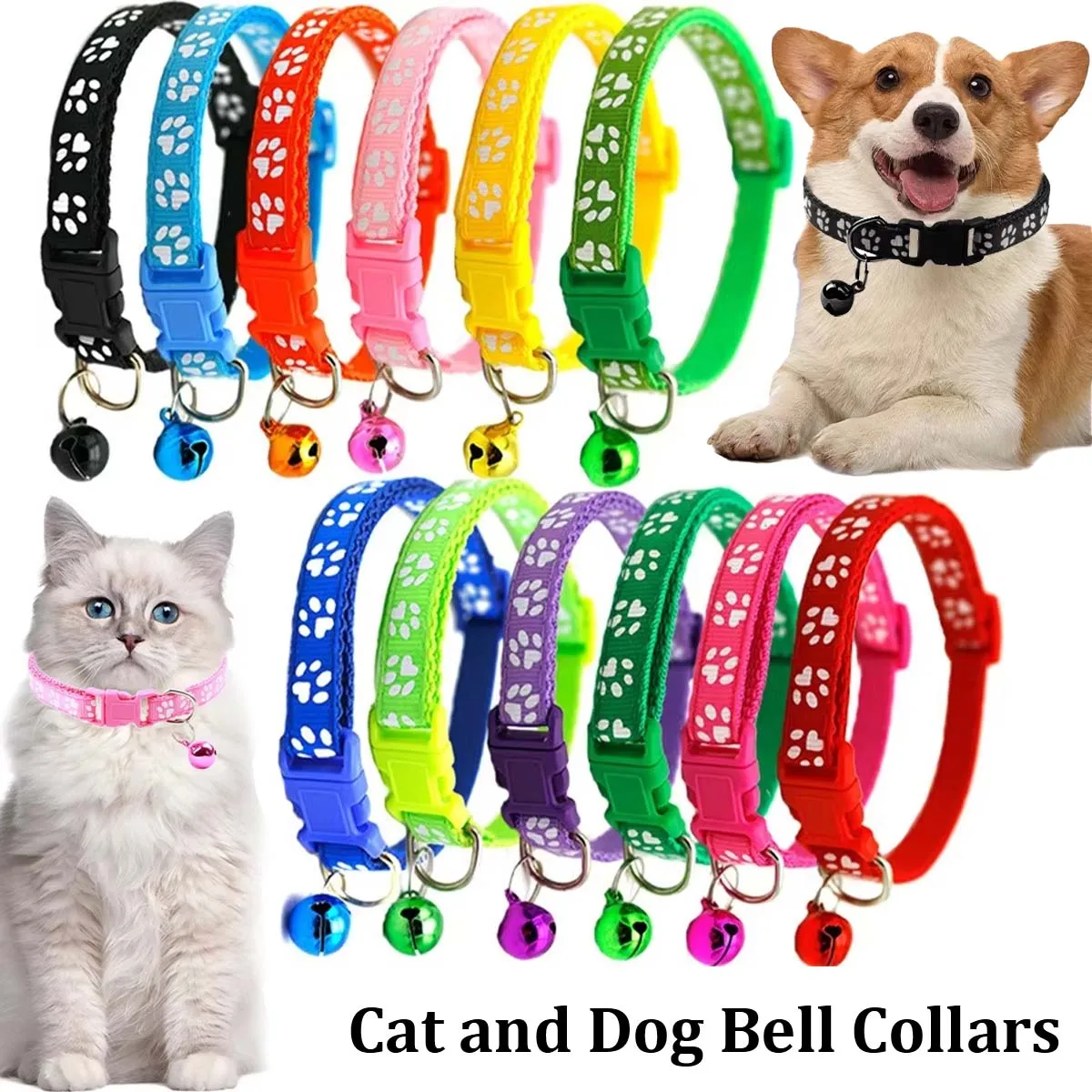 Katzen- und Hundeglocken-Halsband Verstellbares Hundehalsband mit Pfotenabdruck Mehrfarbig Wählbar Haustierbedarf für Hund und Katze