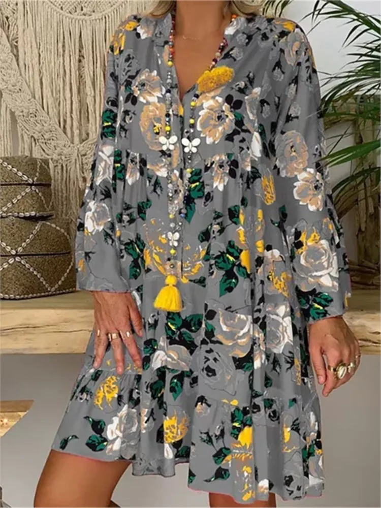 Fashion Splicing Print Flared Long Sleeved For Women\'s Dresses Spring Autumn Loose Casual Plus-size Female Holiday Dress
