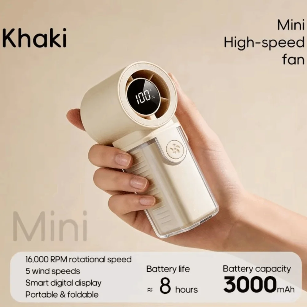 3000mAh Battery Mini Handheld Fan LED Display 5 Gear Wind Portable Pocket Fan USB Rechargeable High Speed Turbo Fan Gift
