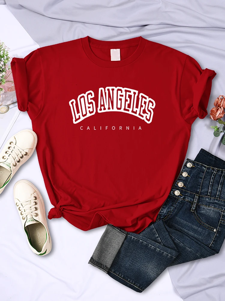 Camiseta con estampado de letras divertidas de Los Ángeles y California para mujer, ropa informal de moda de manga corta transpirable de calle, camisetas de verano