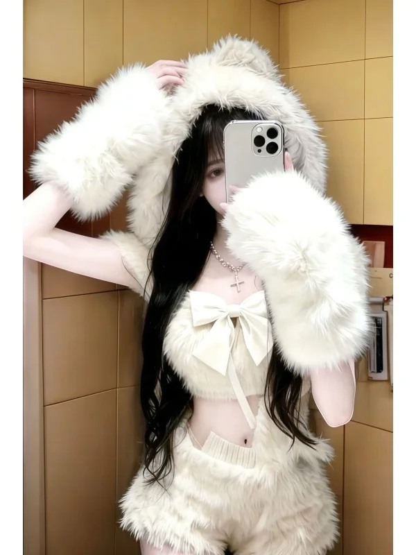 Sweet Autumn Winter Shortie Outfit High Waist Shorts Furry Top Five Piece Set Cute Style Breathable Polyester Fabric round Neck