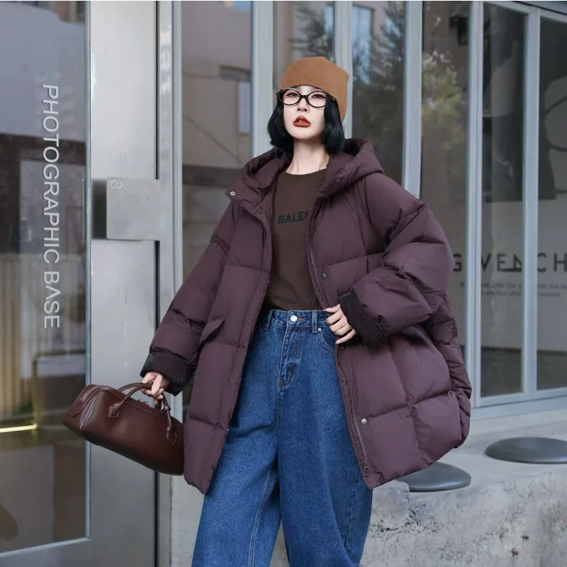 المرأة منتصف طول أسفل سترة 2025 خريف/شتاء جديد وصول فضفاضة تناسب مقنعين موضة عادية المتضخم سميكة معطف دافئ #4