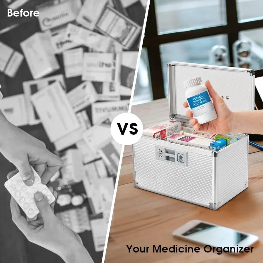 Medicine Lock Box with Key Alluminum Alloy Box for Medication First Aid Box with a Removeable Tray to Store Medicines Pills for