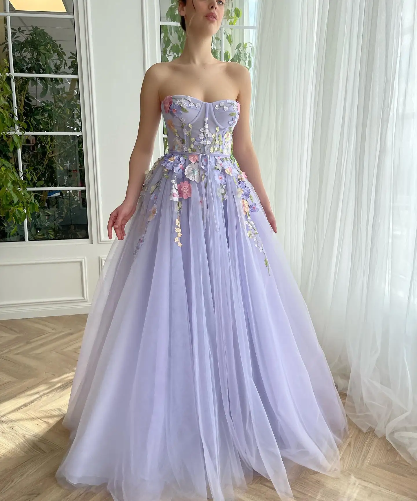 Lavender Flower Embroidery A Line Prom Dresses Draped Tulle Sweetheart Princess Graduation Party Dress 2024 Homecoming Gowns