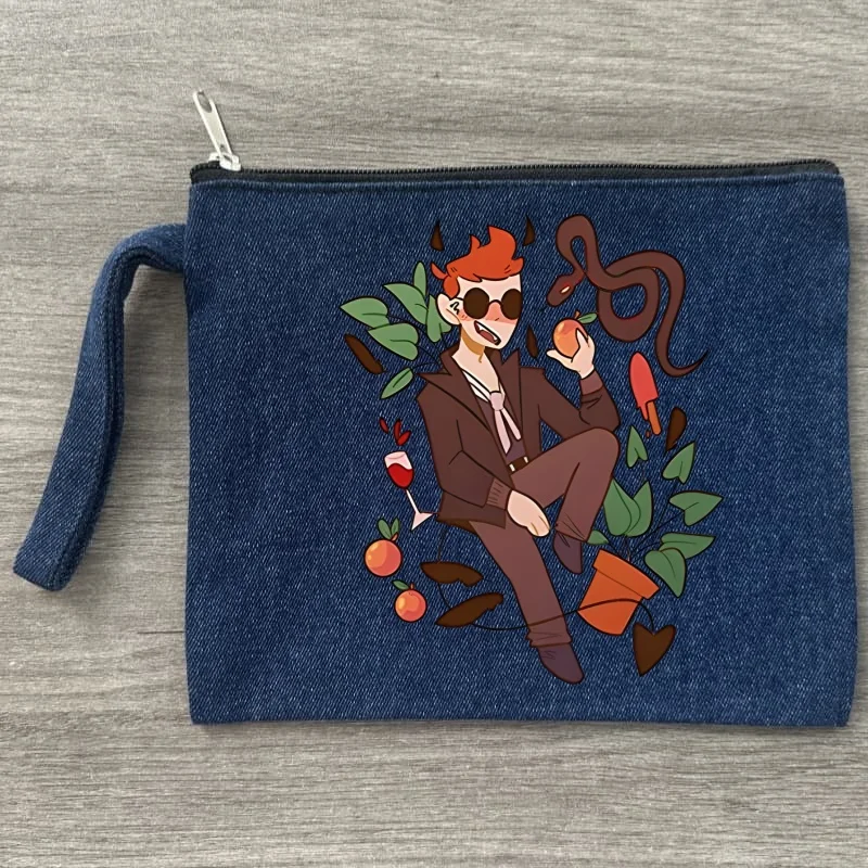 

Good Omens Women Canvas Denim Cosmetic Bag Organizer Print Women Zipper Sundries Storage Makeup Bags Pouch Supplies Pencil Case