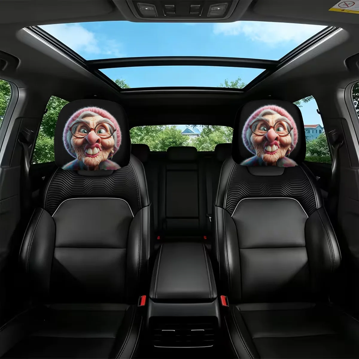 2pcs Cartoon Grandma Style Printed Car Headrest Covers, Easy to Install And Wash,  Perfect for Fun Car Decorations