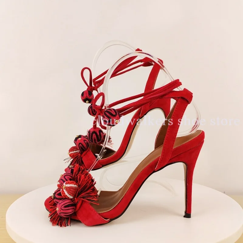 Vintage Ethnic Red Suede Stiletto Sandal Handcraft Bead Pom Pom Tassel Detail Peep Toe Sandals Adjustable Ankle Banquet Vacation - view 6