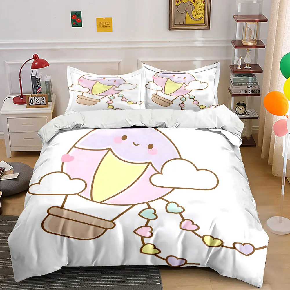 Cartoon balloon with colorful heart garland Printed Duvet Cover Set 1 Duvet Cover+2 Pillowcase Multi Size Bedroom Bedding Decor