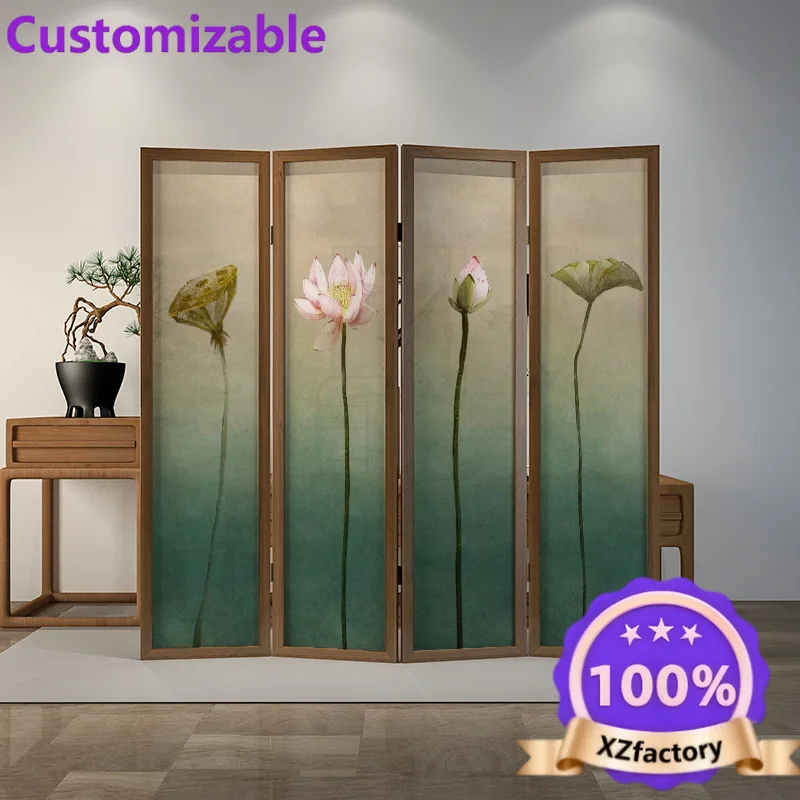 Factory Direct 2026 New Chinese lotus folding screen partition living room can be moved into the home to block the hotel tea