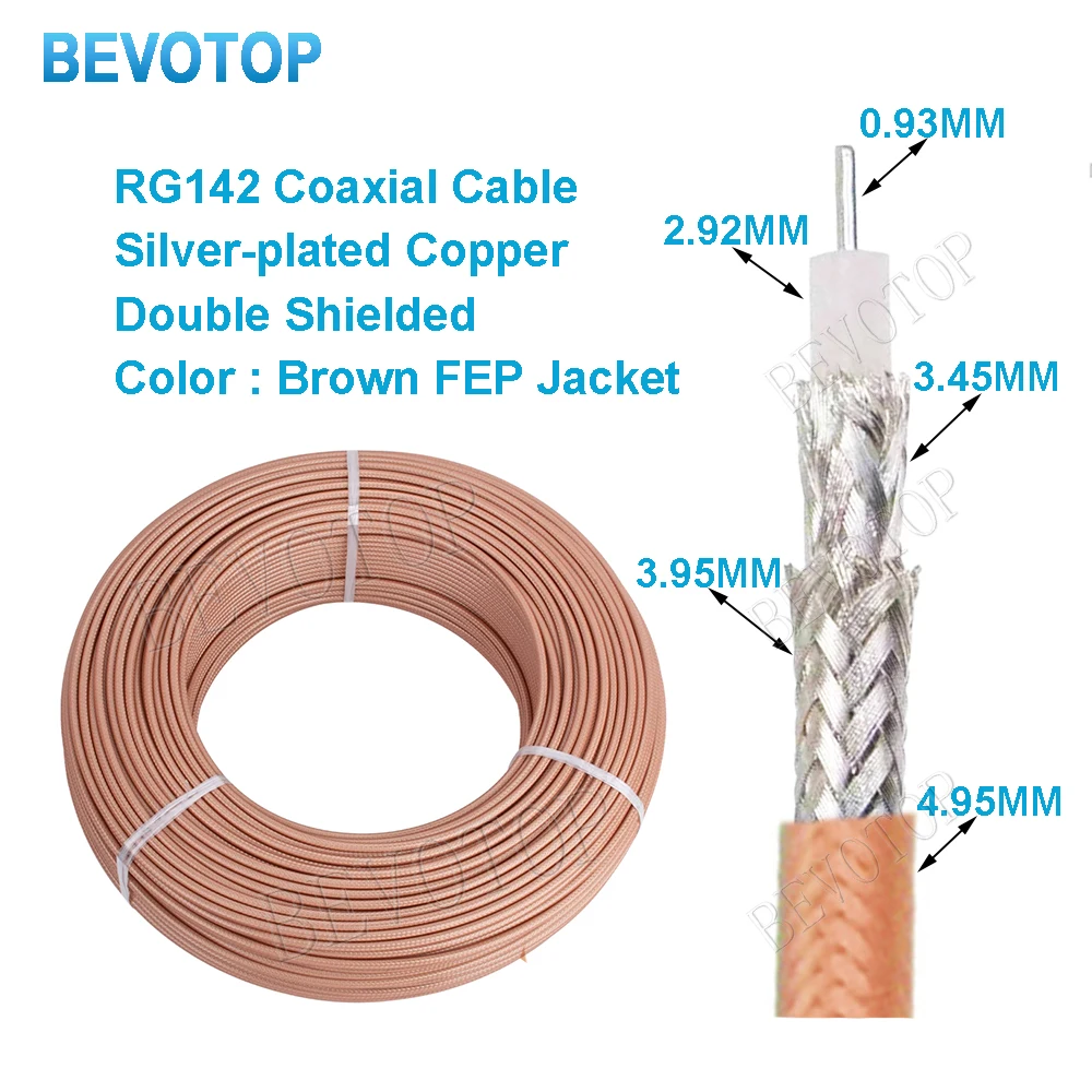 FEP Brown Jacket RG142 Coaxial Cable Silver-plated Copper Double Shielded RF Coaxial Cable 50 Ohm Low Loss BEVOTOP