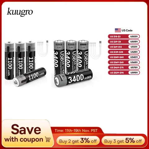 Kuugro Li-ion AAA and AA Rechargeable Batteries USB Lithium-ion 3400mWh 1.5V AA Rechargeable Batteries+1100mWh 1.5V AAA Battery